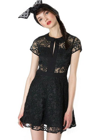 SOLID BLACK O-NECK SWEET SHORT SLEEVE MINI DRESS