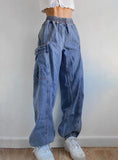 TIGHT WAIST WIDE LEG BUTTON PATCH LEG PANTS