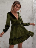 DEEP V-NECK PUFF SLEEVE VELVET RUFFLED DRESS