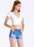 HIGH WAIST HOLES FRINGED EDGES SHORTS