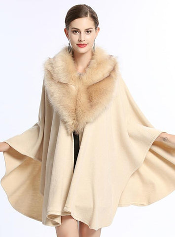 FOX LIKE FUR COLLAR LOOSE KNIT SHAWL CAPE LARGE SIZE
