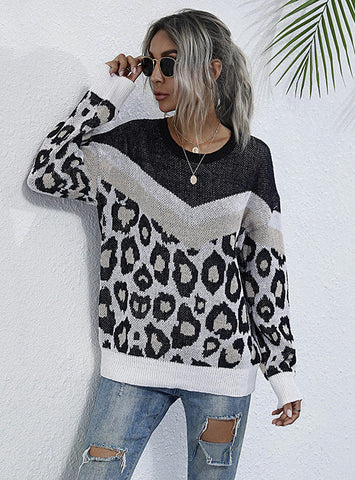 LEOPARD PRINT THIN ROUND NECK LOOSE KNIT SWEATER