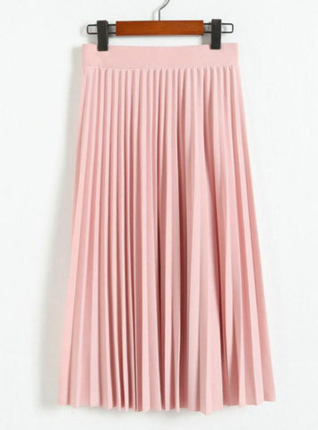 HIGH WAIST PLEATED SOLID COLOR HALF LENGTH ELASTIC SKIRT