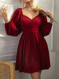 V-NECK PUFF SLEEVE LONG SLEEVE RUFFLED DRESS