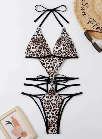 SEXY LEOPARD PRINT ONE-PIECE DRAWSTRING BIKINI