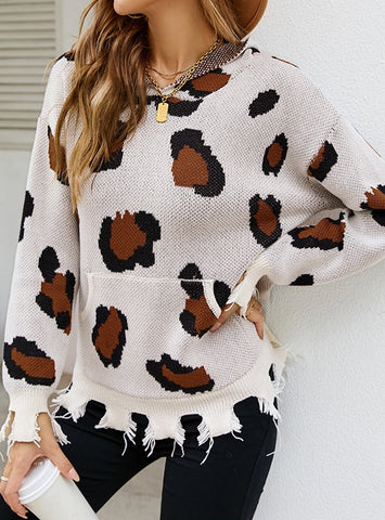 HAND-CUT HOLE TASSEL LEOPARD SWEATER