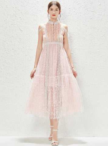 COLLAR GAUZE PRINT PERSPECTIVE DRESS