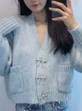 WOMEN FASHION RHINESTONE BUTTONS LOOSE KNITTED CARDIGAN