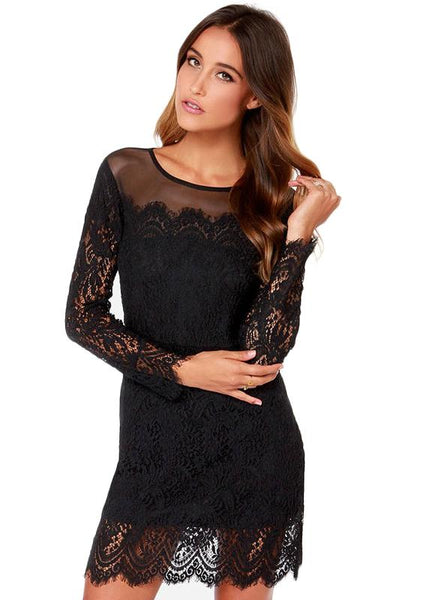 LONG SLEEVE SEXY TULLE PATCHWORK LADIES LACE DRESS – Ncocon
