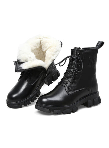 COWHIDE ROUND HEAD FLAT-BOTTOMED WOOL BOOT