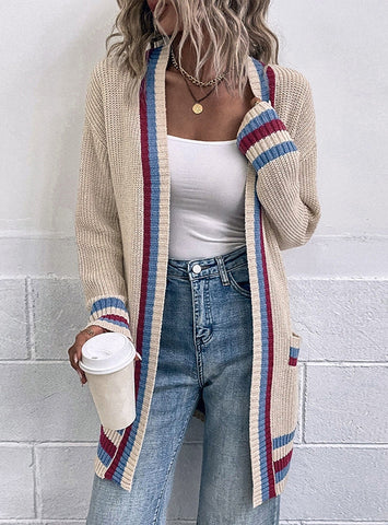 CONTRAST STRIPED POCKET CARDIGAN SWEATER COAT