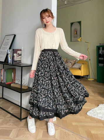 FAKE TWO-PIECE RETRO FLORAL MOSAIC BIG SWING SKIRT