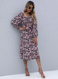 LONG SLEEVE FLORAL SQUARE COLLAR PLEATED DRESS