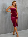 SQUARE NECK SPLIT VELVET SLING DRESS