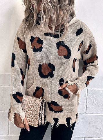 LEOPARD PRINT HOODED HOLES SWEATER