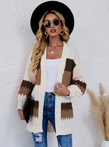 CONTRAST STITCHING LONG KNITTED CARDIGAN COAT