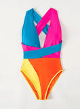 COLOR-MATCHING LACE-UP BACKLESS ONE-PIECE SWIMSUIT
