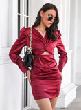 SATIN KINKED BUBBLE SLEEVE PLEATED DRESS