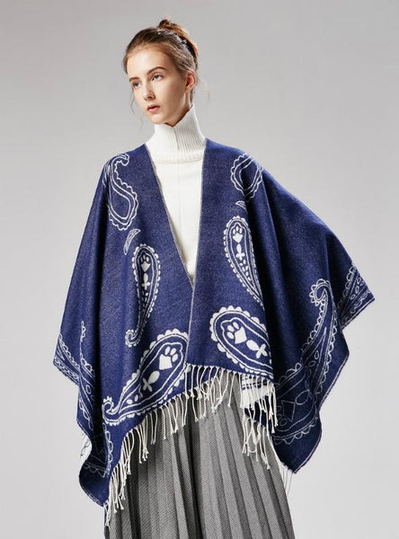 FRINGED CASHEW FLOWER SHAWL DUAL-PURPOSE CLOAK