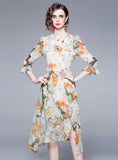 V-NECK CHIFFON PRINT LONG SLEEVE DRESS