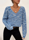 BLUE V-NECK KNITTED SHORT GRADIENT SWEATER