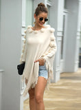 FRINGED FUR BALL ROUND COLLAR PULLOVER CAPE SHAWL