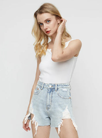 DENIM HIGH WAIST ABRASION IRREGULAR BURRS SHORTS