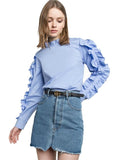 CASUAL RUFFLES FULL SLEEVE SOLID BLUE TOPS PREPPY