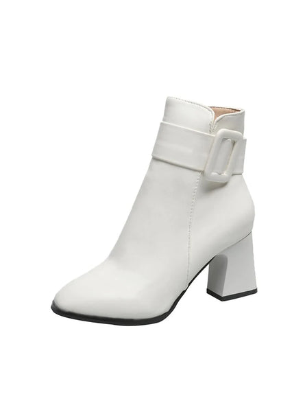 PU SHORT BARREL SQUARE HEEL ROUND HEAD BOOTS