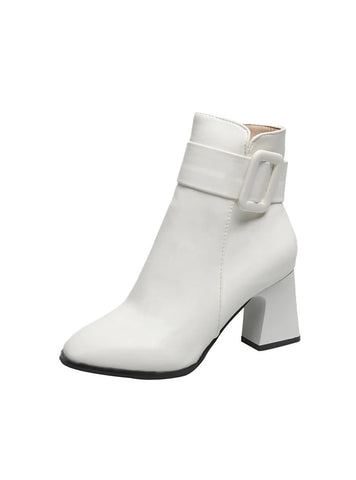 PU SHORT BARREL SQUARE HEEL ROUND HEAD BOOTS