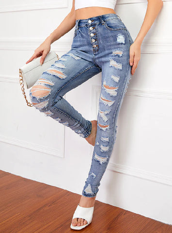 HOLES SLIM BODY ELASTIC PENCIL PANTS JEAN
