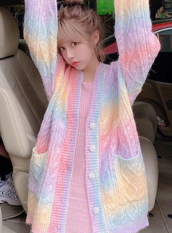 WOMEN RAINBOW KNITTED CARDIGAN SWEET SWEATER