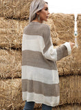 CONTRAST COLOR LONG SLEEVE CARDIGAN STRIPED SWEATER COAT