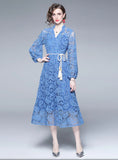 HOLLOW LACE TEMPERAMENT SLIM LONG SLEEVE DRESS