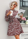 LACE PLEATED LONG SLEEVE ROUND NECK PRINT DRESS