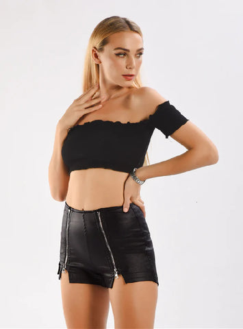 BLACK PU LEATHER PANTS SHORTS