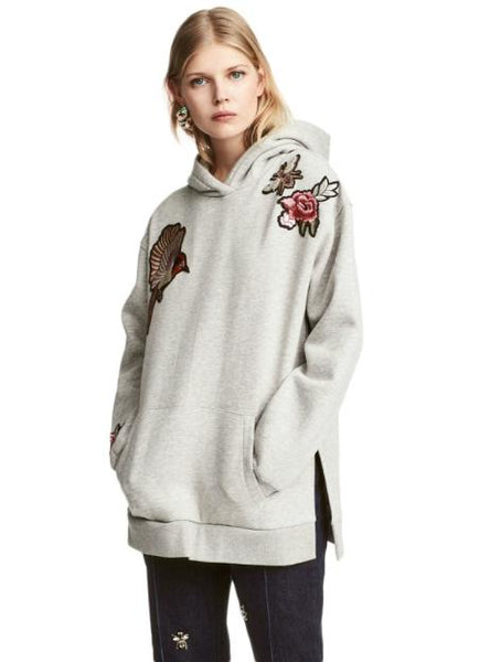 WOMEN GREY EMBROIDERY CASUAL SWEATSHIRTS SPLIT SIDE