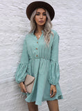 PRINTED PLAID LONG SLEEVE COLLAR DRESS