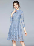 BLUE 3/4 SLEEVE COLLAR OPENWORK LACE DRESS