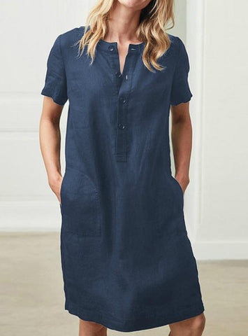 WOMEN SHORT SLEEVE POCKET MIDI DRESS BUTTON DRESS