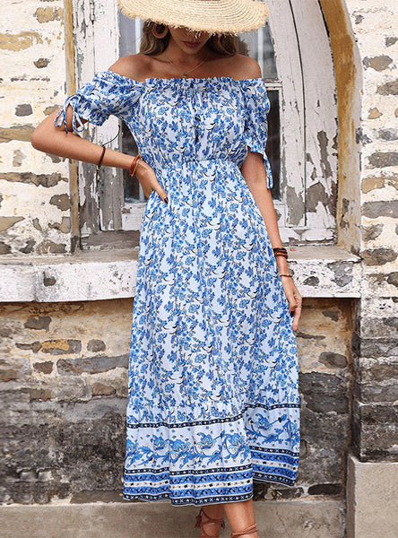 PRINTED HIGH WAIST OFF THE SHOULDER DRESS