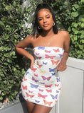 BUTTERFLY PRINT STRAPLESS WOMEN PARTY DRESS