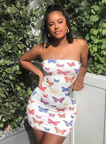 BUTTERFLY PRINT STRAPLESS WOMEN PARTY DRESS