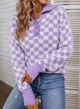 WOMEN CONTRAST CHECK POLO SWEATER
