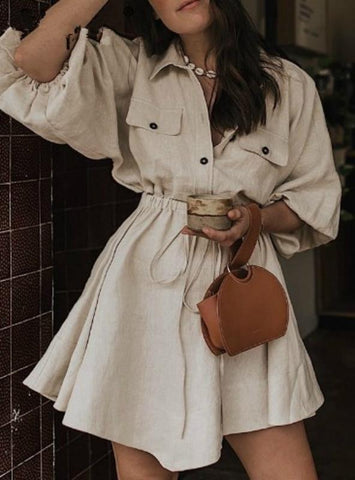 Women Mini Shirt Lantern Sleeve Sash Buttons Dresses