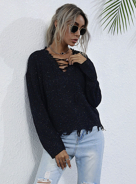KNITTED V-NECK TASSEL PULLOVER SWEATER