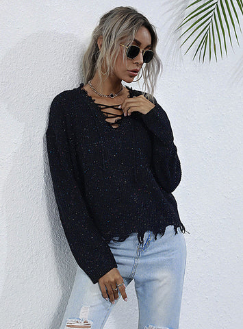 KNITTED V-NECK TASSEL PULLOVER SWEATER