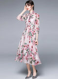 PRINTED LANTERN SLEEVE SLIM CHIFFON DRESS