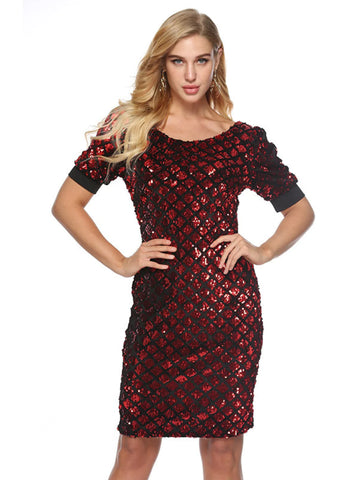 BUBBLE SLEEVE PLAID SEQUINED DRESS