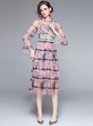 RETRO PRINTED STITCHING LONG SLEEVE DRESS